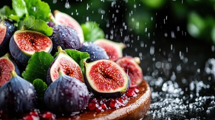 An exquisite arrangement of fresh figs displayed on a wooden plate, with refreshing water droplets highlighting their vibrant colors and textures, capturing nature's bounty.