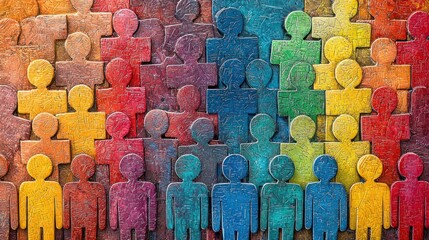 A colorful puzzle of human figures in various colors and poses, arranged in a grid pattern.