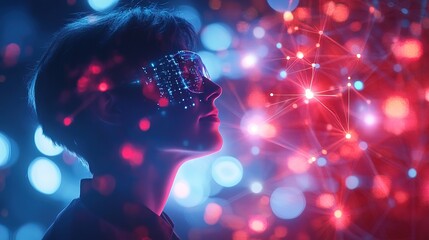 Futuristic Headshot of Person with VR Glasses and Abstract Network