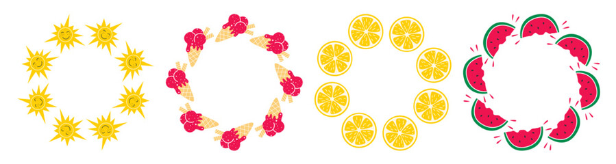 Summer fruit frame set. Round border of lemon slices, watermelon pieces, ice cream cones and sun. Bright colorful vacation mood circle templates, vector graphics