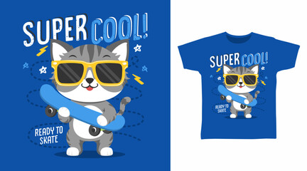 Super cool kitten with skateboard hand drawn illustration vector, ready for print on t-shirt and other uses