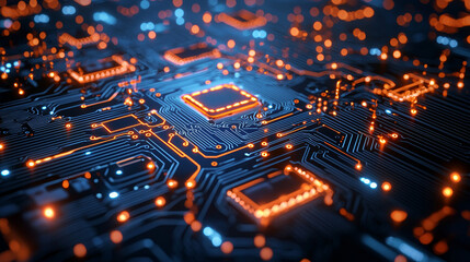 Futuristic circuit board with glowing chips, representing advanced technology and digital connections in a vibrant, dynamic network