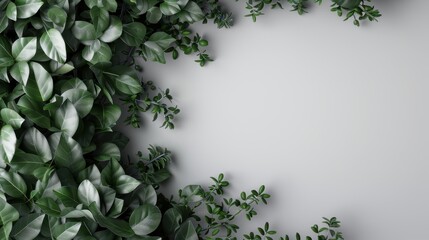 An artistic arrangement of lush green leaves framing a minimalistic gray background, creating an organic and fresh aesthetic suitable for nature-themed designs.