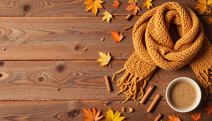 Autumn scarf and coffee on wooden table with fall leaves