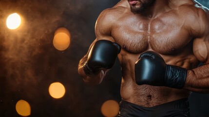 A muscular boxer poses in a dramatic lighting setup with an intense expression, showcasing their strength and readiness for the upcoming match in a stylish atmosphere.