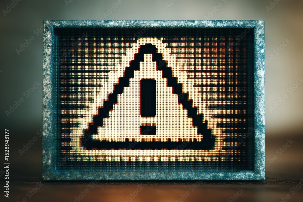 Poster Digital Pixelated Warning Icon Displayed in Retro Interface Style Highlighting Caution and Alertness