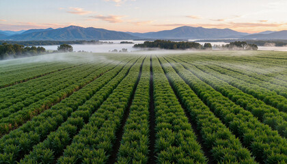 Lush green plantation with mountains and morning mist