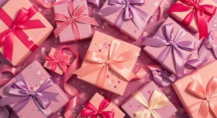 Pink and Purple Birthday Gift Flatlay with Glitter Background