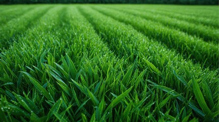 Lush Green Grass Field with Dew Drops and Striking Textures in Nature