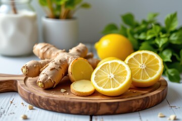 fresh ginger root with lemon slices on wooden board, metabolism stimulating herbal remedy, bright natural kitchen, healthy and fresh vibe
