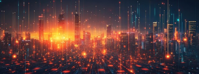 Futuristic Cityscape Digital Data Streams Urban Glow