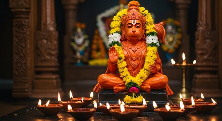 Lord Hanuman Statue Decorated with Flowers and Lights