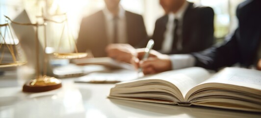 The book on the table during a legal meeting with professionals engaged in discussion.