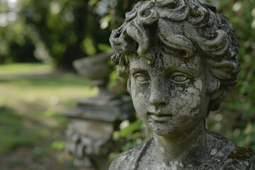 Obraz premium A weathered stone statue of a young male figure with curly hair, surrounded by lush greenery.