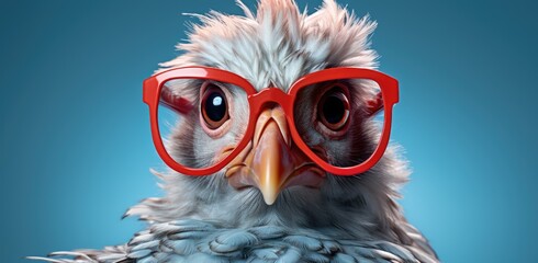 This whimsical image features a bird wearing large, red glasses, highlighting its curious expression against a vibrant blue background, provoking feelings of humor and joy.