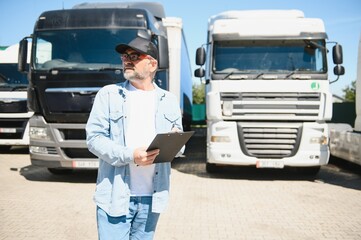 Mid adult truck dispatcher checking shipment list on a parking lot