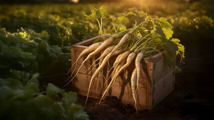 Parsnip root harvested in a wooden box with field and sunset in the background. Natural organic fruit abundance. Agriculture, healthy and natural food concept. Horizontal composition.