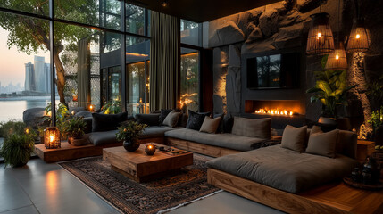 Modern waterfront lounge featuring floor-to-ceiling windows and cozy fireplace atmosphere
