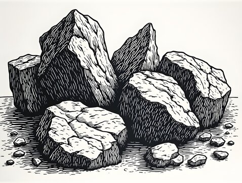 Vintage woodcut illustrating jagged stone textures in detailed monochrome style