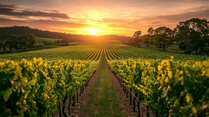 Fototapeta premium Stunning sunset over a lush vineyard, with a few trees and a sky painted in orange and pink, evoking tranquility