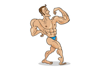 Cartoon Man Flexing Muscles Displaying Physique in Bodybuilding Pose