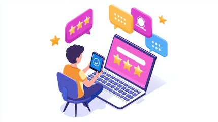 Fototapeta premium Person Using Laptop and Tablet to Provide Online Reviews and Feedback