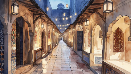 Obraz premium Watercolor illustration of an alleyway in an ancient city illuminated by lanterns at night