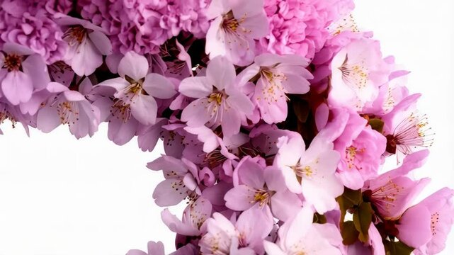 Delicate pale pink cherry blossom flower frame with soft focus creates a floral border over white providing space for text.