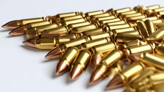 Pile of golden firearm bullets with copper tips scattered on white surface, arranged in row, conceptual illustration
