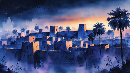 Fototapeta premium Watercolor painting of an ancient walled city with palm trees and sunset sky