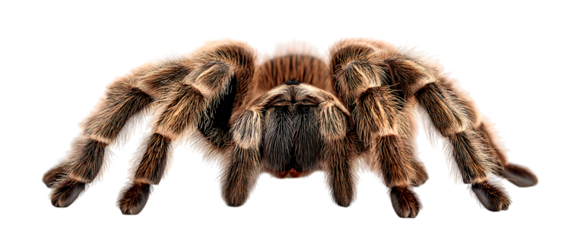 Close up big brown tarantula spider with brown color and fur, poisonous and dangerous spider isolated on a transparent background