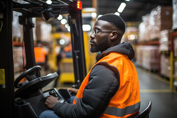 A dedicated worker expertly operates a forklift in a busy warehouse, showcasing a blend of professionalism and efficiency in a fast-paced environment essential for logistics.