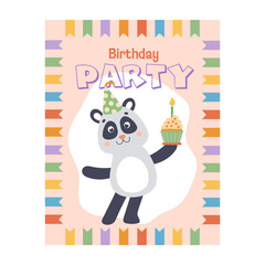 Cute colorful panda birthday party invitation. Cartoon template kids. Hand-drawn vector illustration in flat style.