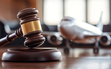 Close-up of a judge’s gavel beside a toy airplane on table, symbolizing legal issues in aviation and travel regulations.