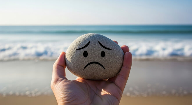 Hand Holding Stone With Sad Face Expression on a Beach in Daylight with Gentle Waves and Sandy Shore
