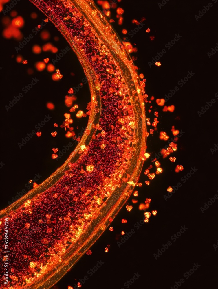 Poster Cross-section View of a Blood Vessel Showing Glowing Heart Particles Illuminated in a Dark Environment