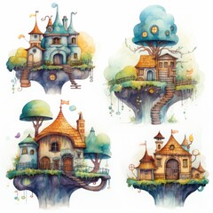 set of watercolor fairy houses