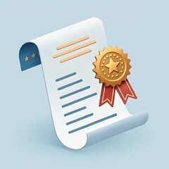 Illustration of a certificate with a gold seal and red ribbons on a light blue background design style 3d icon