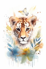 watercolor illustration of a tiger and plants