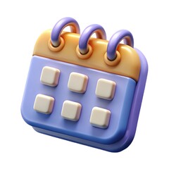 A stylized cartoon calendar icon with purple rings and a blue body on a plain white background 3d icon