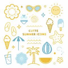 Colorful vector icons set for summer beach travel and vacation with sun, sea, umbrella, and tropical designs