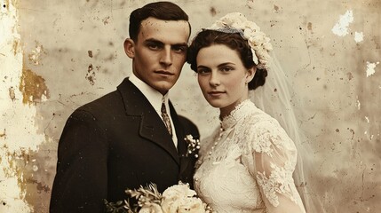 A vintage wedding photo of a man and a woman, set against a textured, aged background.