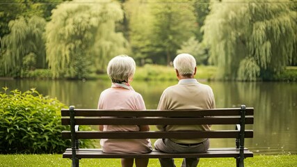 Elderly couple sits on a park bench by a pond - Powered by Adobe