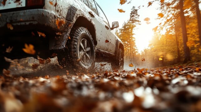 An off-road vehicle navigates through a rugged, leaf-strewn terrain, capturing the essence of adventure and the thrill of exploration amidst a picturesque autumn landscape.
