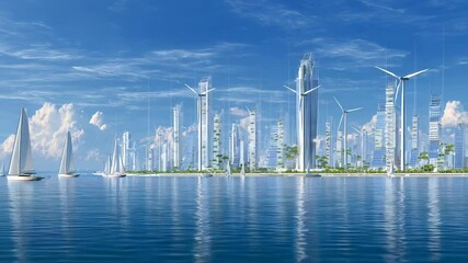 Futuristic city skyline with sailboats on tranquil water - Powered by Adobe