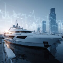 Luxury Yacht Moored at Dockside with Cityscape and Financial Data Overlay