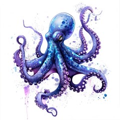 Cosmic blue octopus swimming amidst watercolor splashes on white background