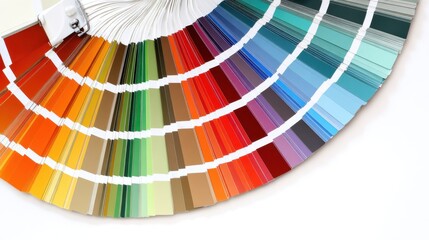 Vibrant fan-shaped array of color swatches arranged in a circular pattern on a white background, showcasing a wide spectrum of hues transitioning smoothly from outer reds, oranges, and yellows to inne