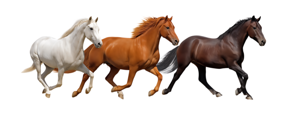 Three brown white and black horses running side by side, each in different positions with their legs raised up or down isolated on a transparent background