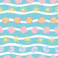 Summer motifs seamless pattern on striped background